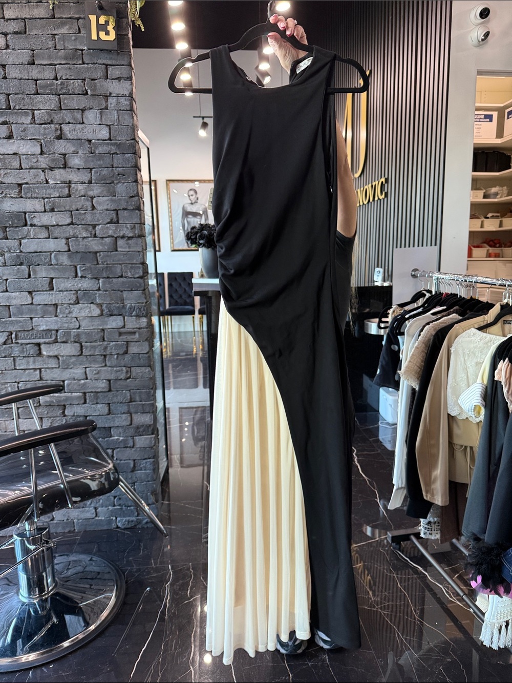 chic Black and Cream Asymmetrical Pleated Gown